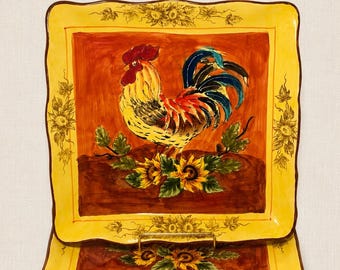 Maxcera Orange Rooster Hand Painted Dinner Plates Set of 6 Farmhouse Square Ceramic Kitchen Decor