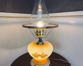 Vintage Hurricane Lamp: Milk Glass Yellow Roses, Converted Kerosene Style Cottage Lighting