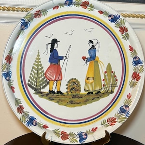 Bandeja de hojalata estilo Quimper vintage, Massilly Francia, arte popular bretón (33 cm)