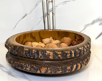 Vintage Ellwood Rusticware Nut Bowl Set with Nutcracker, Bark Edge Wood Serving