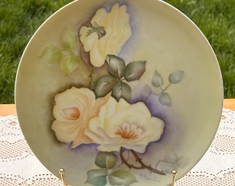 Vintage handbemalter Porzellanteller signiert G. Meerdink Germany Floral Roses Display Plate Cottage Dekor Pastell Botanischer Wandteller