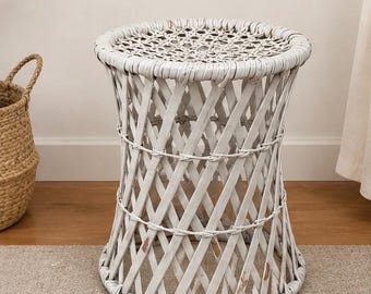 Vintage White Wicker Hourglass Table Base | Boho Coastal Plant Stand