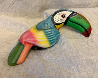 Vintage Colorful Toucan Figurine – Hand Painted Tropical Bird – Bright Coastal Jungle Decor