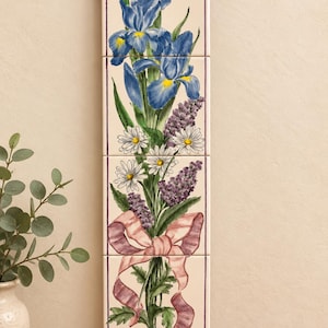 Vintage Ceramic Tile Wall Art Panel | Stacked Iris Wildflower Bouquet | Cottage Garden Floral Hanging