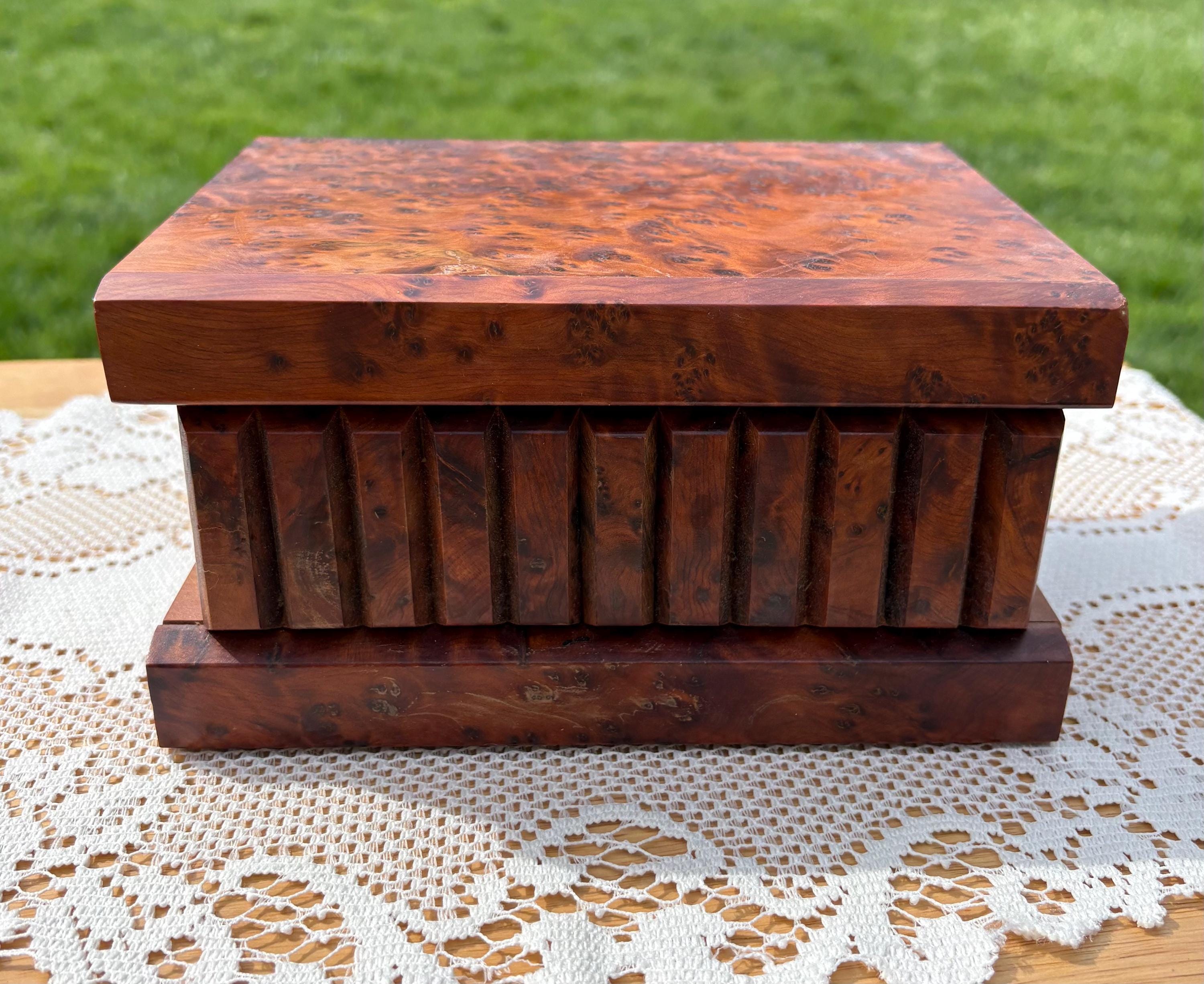 Vintage Moroccan Thuya Burl Wood Puzzle Box, Hand Carved Geometric