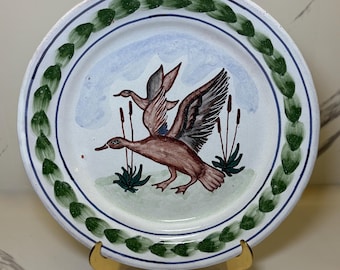 Vintage Hand Painted Portuguese Plate: Ducks Folk Art Pottery Wall Decor