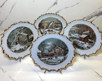 Set of 4 Vintage Currier & Ives Winter Scene Plates with Gold Trim