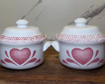 Vintage Spongeware Heart Crock Set, Farmhouse Kitchen Stoneware Bowls, Country Cottage Storage Jars
