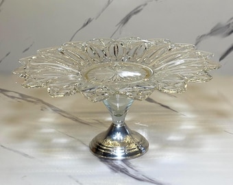 Vintage Duchin Sterling Weighted Pedestal Compote, Pressed Floral Glass Cake Stand