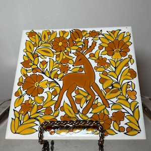 Nassos Rodos Keramikfliese • Vintage Hirsch Floral Mid-Century Mediterran Wanddekoration