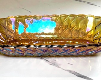 Vintage Indiana Glass Marigold Carnival Celery Dish – Diamond Lattice Pattern Relish Tray