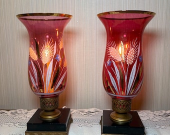 Vintage Cranberry Red Hurricane Lamps Pair: Hand-Painted Floral Glass Accent Lights