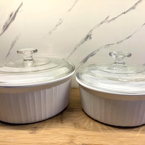 Vintage CorningWare French White Casserole Dishes with Pyrex Lids (Set of 2)