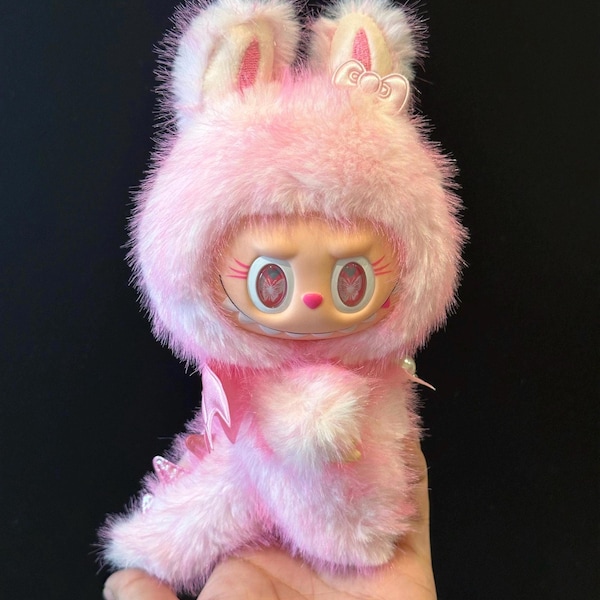 Handmade Pink Angel Bunny Plush Doll, Kawaii Fluffy Bag Charm