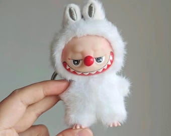 Handmade White Fluffy Monster Bunny Keychain, Kawaii Plush Bag Charm