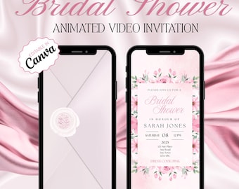 Pink Bridal Shower Video Animation Invite Template | Floral Evite Animated Invitation for Bridal Shower, Wedding, Womens Events, Tea Parties