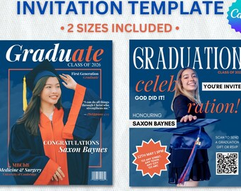 Magazine Style Graduation Invitation | Blue & Orange 2-Sided Editable Canva Template (Instagram Post + 5 in x 7 in) for Events