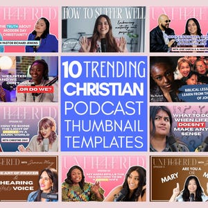 Puede incluir: Un gráfico digital que presenta 10 plantillas de miniaturas para podcasts cristianos. El panel central azul muestra el texto 10 TRENDING CHRISTIAN PODCAST THUMBNAIL TEMPLATES. Alrededor hay varias miniaturas que muestran personas con micrófonos.