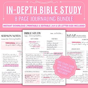 May include: Pink and white Bible study journaling bundle with the text "In-Depth Bible Study" and "8 Page Journaling Bundle." Includes sermon notes, study notes, and a free study guide for Genesis to Deuteronomy.
