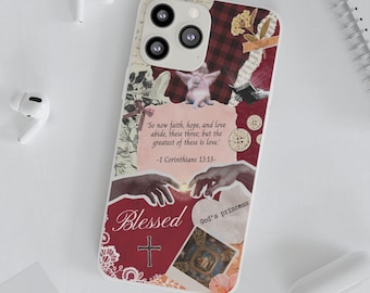 Red Vintage Collage Case | Christian Scripture Flexi Phone Case - Patchwork Collage Case for Christian Women and Girls