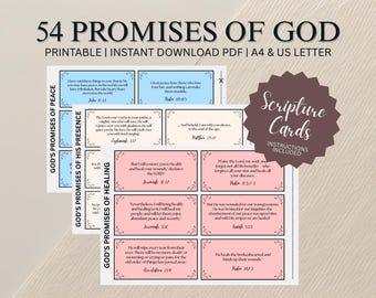 54 Printable Scripture Cards | A4 US Letter Color Coded God’s Promises Bible Scriptures, Affirmations, Kids Parties, Gifts for Christians