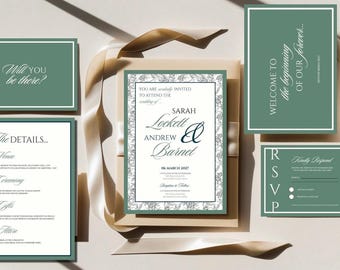 Sage Green Wedding Invitation Template Suite | Old Money Aesthetic | Editable Canva Wedding Stationery | Digital Video Invitation Included