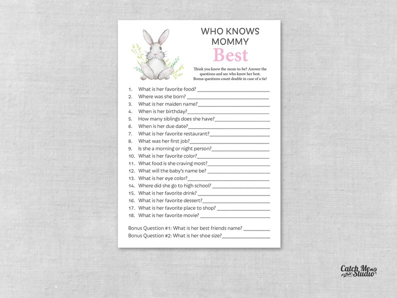 Bunny Baby Shower Game Who Knows Mommy Best Printable Mommy Etsy
