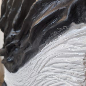 May include: Close-up of a sculpture with a textured surface. The sculpture features a contrast of black and white paint, with the white paint appearing to mimic fur or feathers. The black paint has a glossy finish.