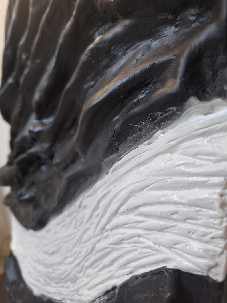 May include: Close-up of a sculpture with a textured surface. The sculpture features a contrast of black and white paint, with the white paint appearing to mimic fur or feathers. The black paint has a glossy finish.