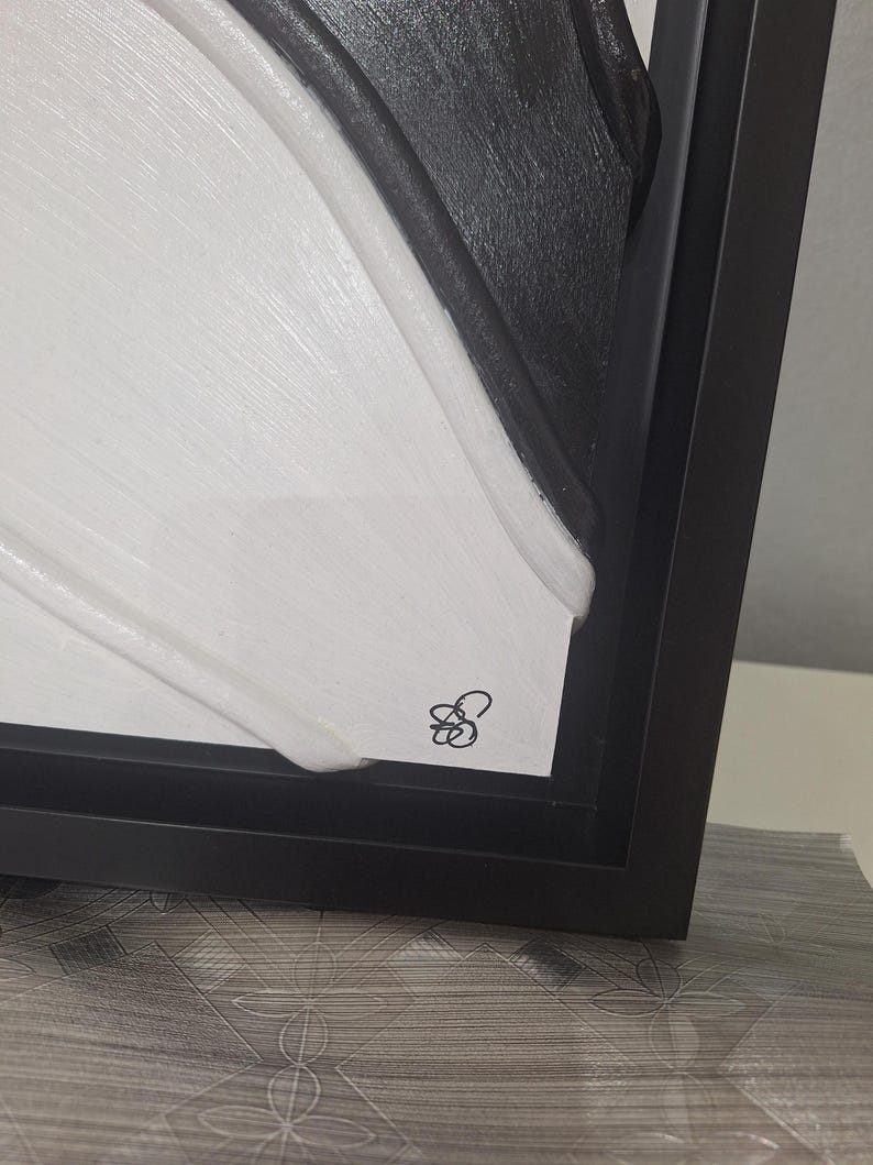 May include: Abstract artwork in a black frame. The piece features a textured, layered design with contrasting black and white sections. A small, stylized signature is visible in the lower corner. The artwork is displayed on a light-colored surface.