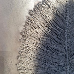 May include: Close-up of a gray, textured rug with a fringe detail. The rug has a dense, shaggy pile and a woven edge. The color is a muted gray, with variations in tone due to the texture and lighting.
