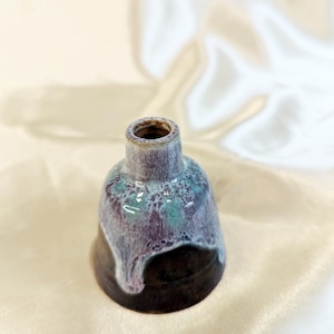 Ceramic bell-shaped soliflore vase — purple glaze speckled with turquoise, temmoku base, unique handcrafted stoneware piece