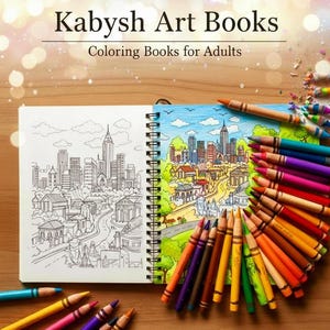 May include: Open coloring book with a cityscape drawing and a completed colored version. The book is titled "Kabysh Art Books" and is for adults. Colored pencils in various colors surround the book on a wooden surface.