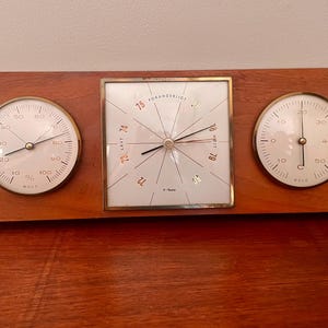 Vintage Moco Barometer • Mid-Century Danish Weather Station • Retro Wall Weather Instrument • Brass & Wood Decor