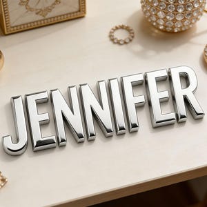 Puede incluir: Letras metálicas plateadas y brillantes deletrean el nombre "JENNIFER" sobre una superficie clara. Las letras son tridimensionales y reflejan la luz ambiental. En el fondo, se observan objetos decorativos, como un objeto con marco dorado y una esfera de cristal.