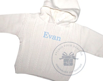 Monogrammed Zip Back Cable Knit Hooded Sweater | Baby Sweater with Zipper in Back | Embroidered Hooded Sweater | Personalized Baby Gift