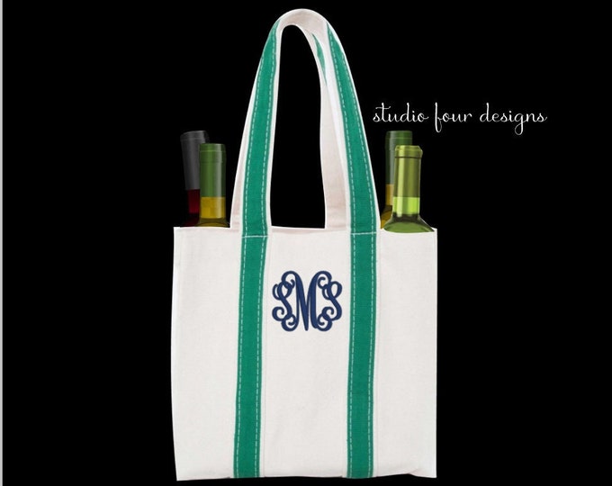 Monogram Wine Tote | Personalized Wine Carrier | Hostess Gift Wine Bag | Monogrammed Canvas Wine Holder | Tailgating | 4 Bottle Wine Tote