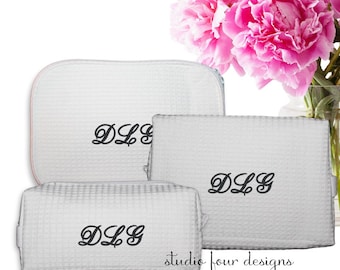 Monogrammed Waffle Cosmetic Bag | Matching Cosmetic Bags for Bridal Parties | Embroidered Toiletry Bag | High School Graduation Gift Set