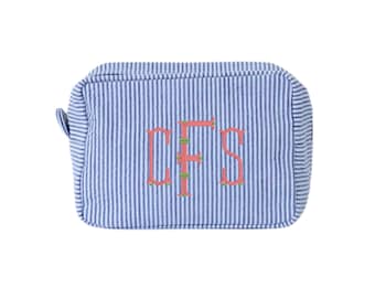 Personalized Seersucker Cosmetic Bag | Monogram Makeup Bag | Embroidered Toiletry Pouch | Preppy Travel Bag | Bridesmaid Gift