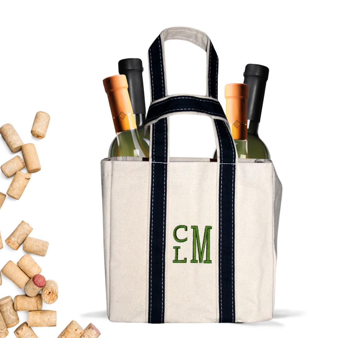 Monogram Wine Tote Personalized Wine Carrier Hostess Gift Wine Bag Monogrammed Canvas Wine Holder Tailgating 4 Bottle Wine Tote
