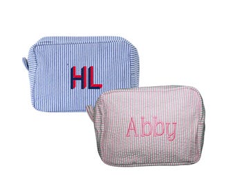 Personalized Seersucker Cosmetic Bag | Monogram Makeup Bag | Embroidered Toiletry Pouch | Preppy Travel Bag | Bridesmaid Gift