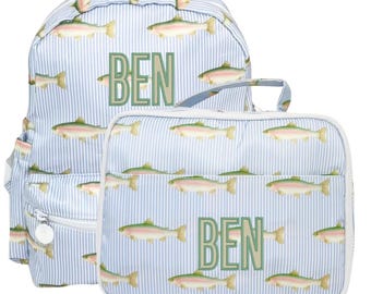 Embroidered Lunch Bag Backpack Duffel Bag| Monogrammed Travel Set for Kids | Fishing Pattern School Lunch and Bakcpack | Back to School
