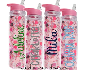 Personalized Pink Party Confetti Water Bottle with Straw| Monogrammed Glitter Water Bottle | Chic Monogram Water Bottle | Luxe Water Bottle