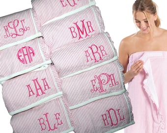 Seersucker Spa Wrap | Monogram Bath Wrap | Seersucker Chic Terry Towel Wrap | Shower College Dorm | Bridal Party Spa Wraps | Graduation Gift