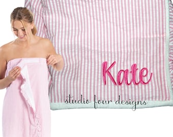 Personalized Towel Wrap for Women, Monogrammed Seersucker Spa Wrap, College Dorm Shower Graduation Gift, Bridal Party Spa Wraps