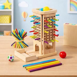 Könnte beinhalten: Holz-Lernspielzeug mit einem Turm mit bunten Stiften und einem Tablett. Enthält ein Bündel farbiger Stäbe, einen kleinen Ball mit Punkten, einen roten Ball und einen Satz farbiger Stäbe. Das Spielzeug ist zum Lernen und Spielen konzipiert.