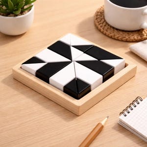 Könnte beinhalten: Ein geometrisches Puzzlespiel mit schwarz-weißen Dreiecken, die in einem quadratischen Holztablett angeordnet sind. Das Puzzle befindet sich auf einer hellen Holzoberfläche, mit einer kleinen Pflanze, einer Kaffeetasse und einem Notizblock im Hintergrund.