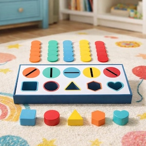 May include: A wooden shape sorter toy with a blue frame. The toy includes various colorful shapes and matching holes, including circles, squares, triangles, and hearts. The shapes are in orange, green, blue, yellow, and red.