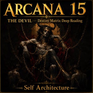 Può includere: Illustrazione digitale con il testo "ARCANA 15" in oro. L'immagine raffigura una figura cornuta adornata con catene e gioielli, seduta su un trono. Il testo "THE DEVIL - Destiny Matrix Deep Reading" è visibile, così come "Self Architecture".