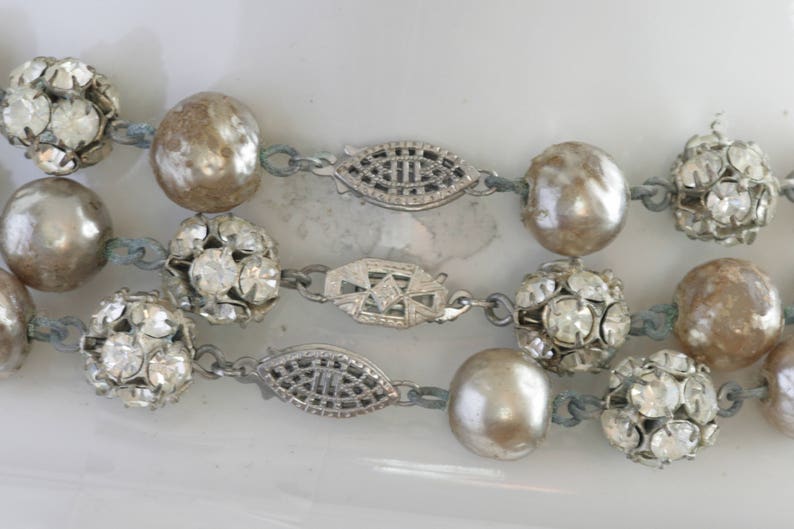 DECO Rhinestone Ball Triple Strand Necklace and Clip On Earring Set Vintage Estate Jewelry fruitsdesbois